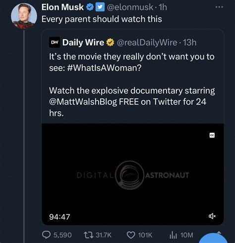 Elon musk suggesting parents should watch Matt Walsh’s horrible transphobic documentary.

Elon Musk
@elonmusk - 1h
Every parent should watch this


Daily Wire
@realDailyWire • 13h
It's the movie they really don't want you to see: #WhatIsAWoman?
Watch the explosive documentary starring @MattWalshBlog FREE on Twitter for 24 hrs.