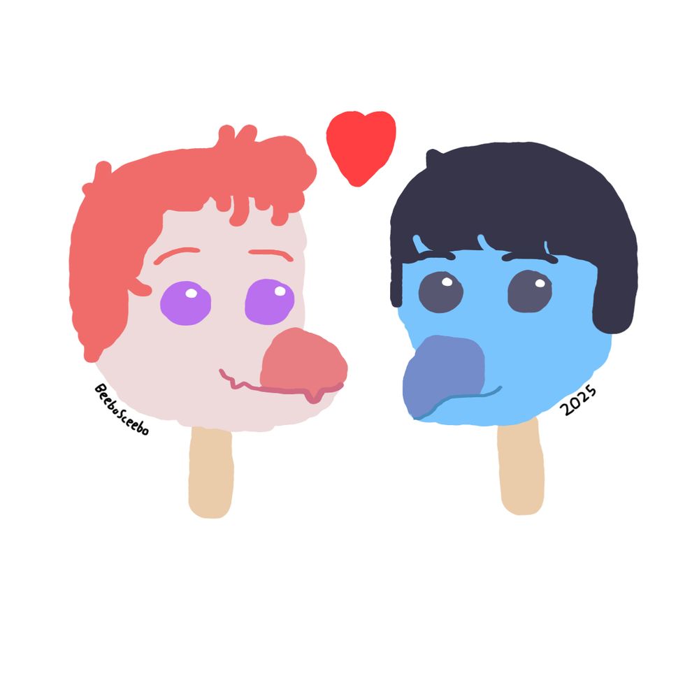 Character popsicles themed after Reed and Alvin from Goodbye Volcano High! They are facing each other and have a singular heart in the upper middle between them because they’re gay little dinos and I love them a lot