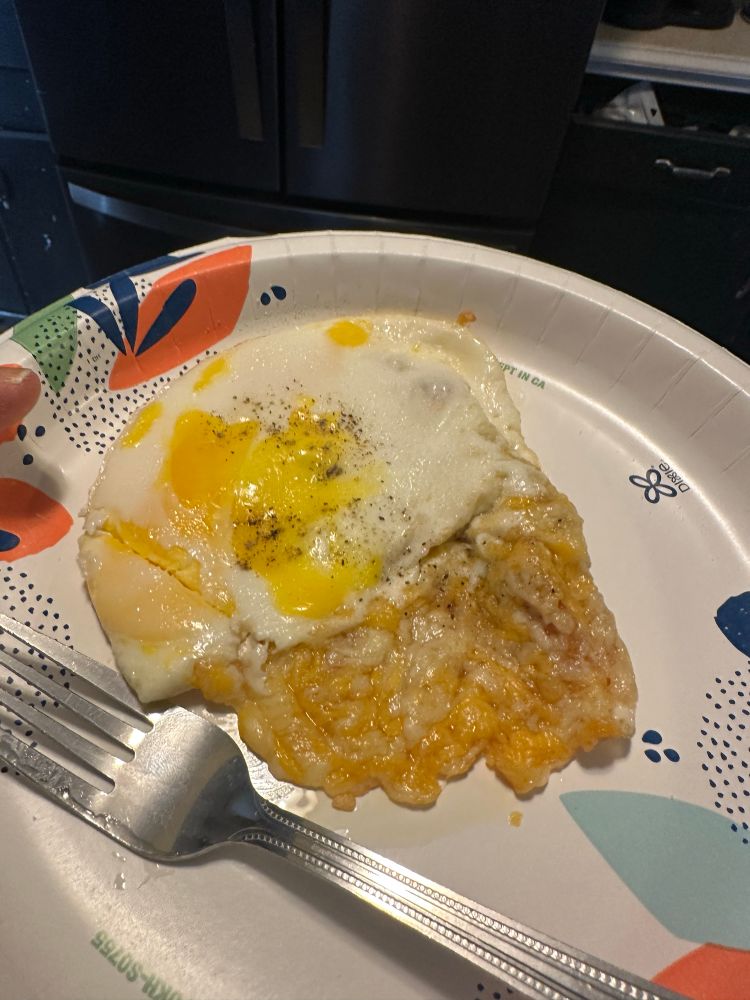 A fried egg that has been fried in shredded cheese, forming a crispy layer of cheese below it.