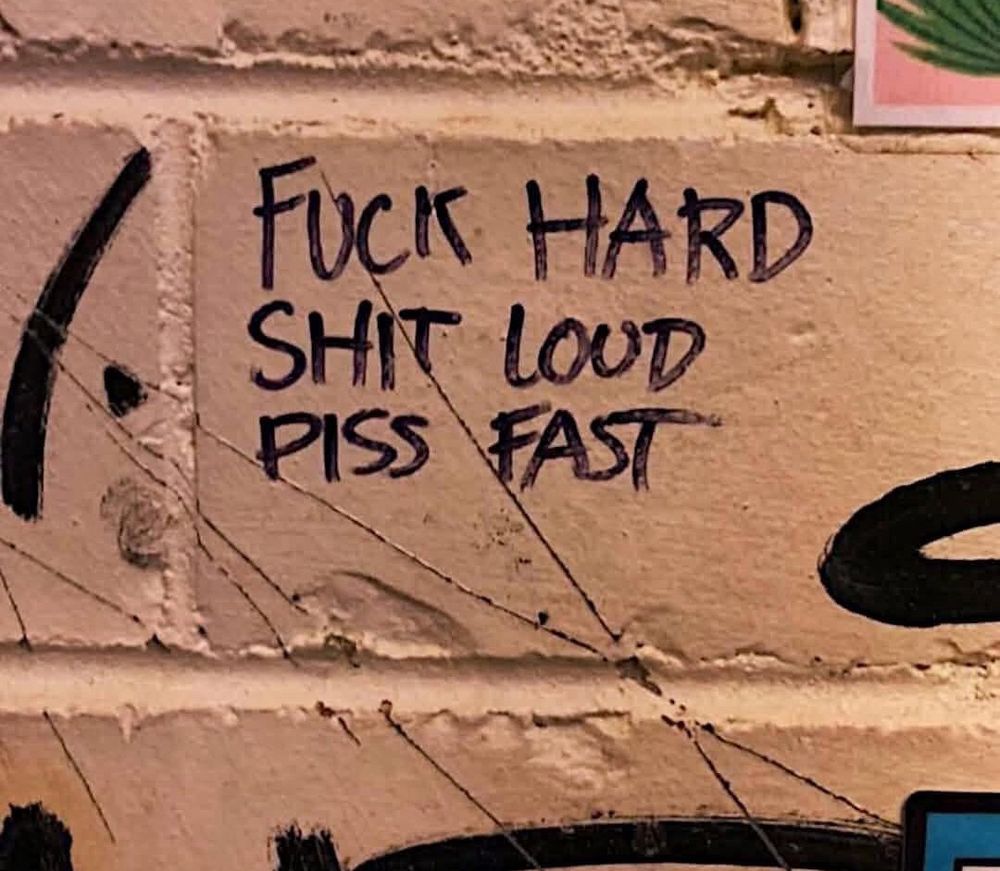 marker graffiti on an inside painted brick wall

FUCK HARD
SHIT LOUD
PISS FAST