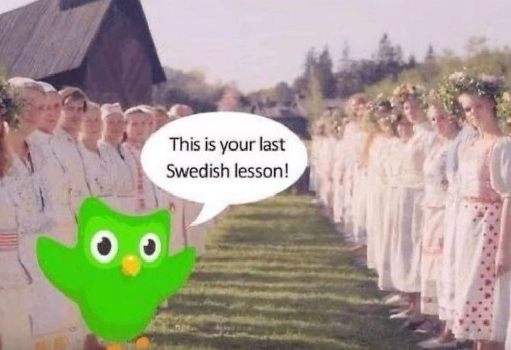 the scene from midsommar of a path with swedish women dressed in white with flower crowns and the duolingo owl saying “this is your last swedish lesson!”