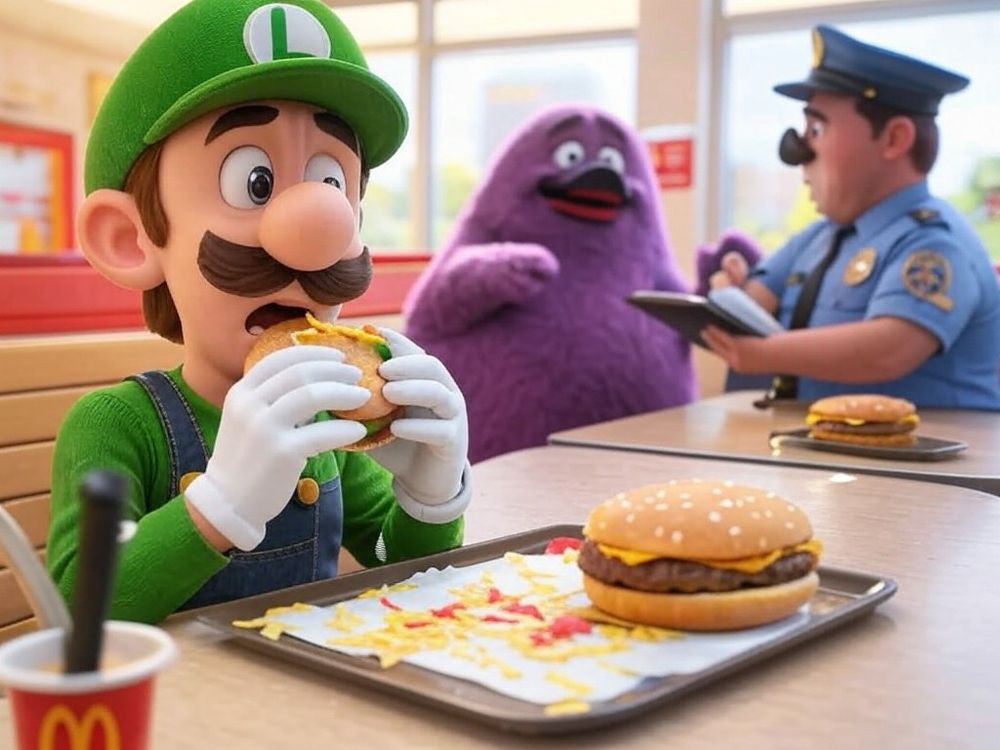 luigi eating a burger at mcdonalds & in the background, grimace is snitching to a cop