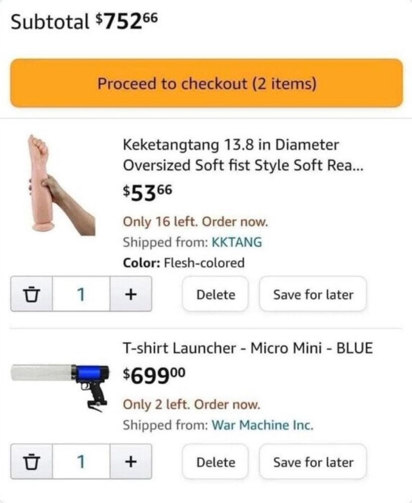 screenshot from amazon prime of a flesh colored arm with fist for $53.66 and a t-shirt launching gun for $699
