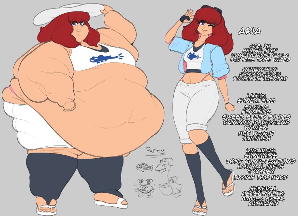 Name: Aria
Age: 24
Height 5 feet 10 inches
Home Region: Alola
Favorite type: Water
Occupation: Swimming coach (crossed out) foodie influencer
Likes: sunbathing, swimming (crossed out) floating, sweet, fruity foods, rainbow pokebeans, women, her weight, cuddles
Dislikes: sunburns, long convserations, low cal diets, toxapex, trying too hard
General personality: bubble, sweet, airheaded
Pokémon in team: Wishiwashi, Lapras, Poliwrath, Pelipper
