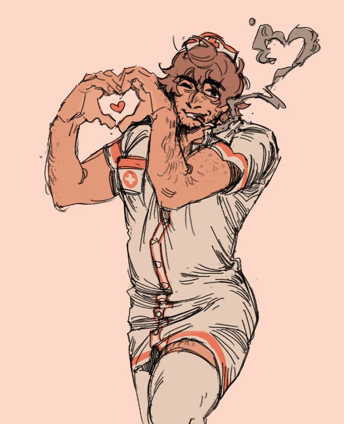motomi's turn in Sexy Nurse Outfit yay🎉 he's holding up the heart hand sign and winking. his cigarette smoke is also curled in the shape of a heart heh