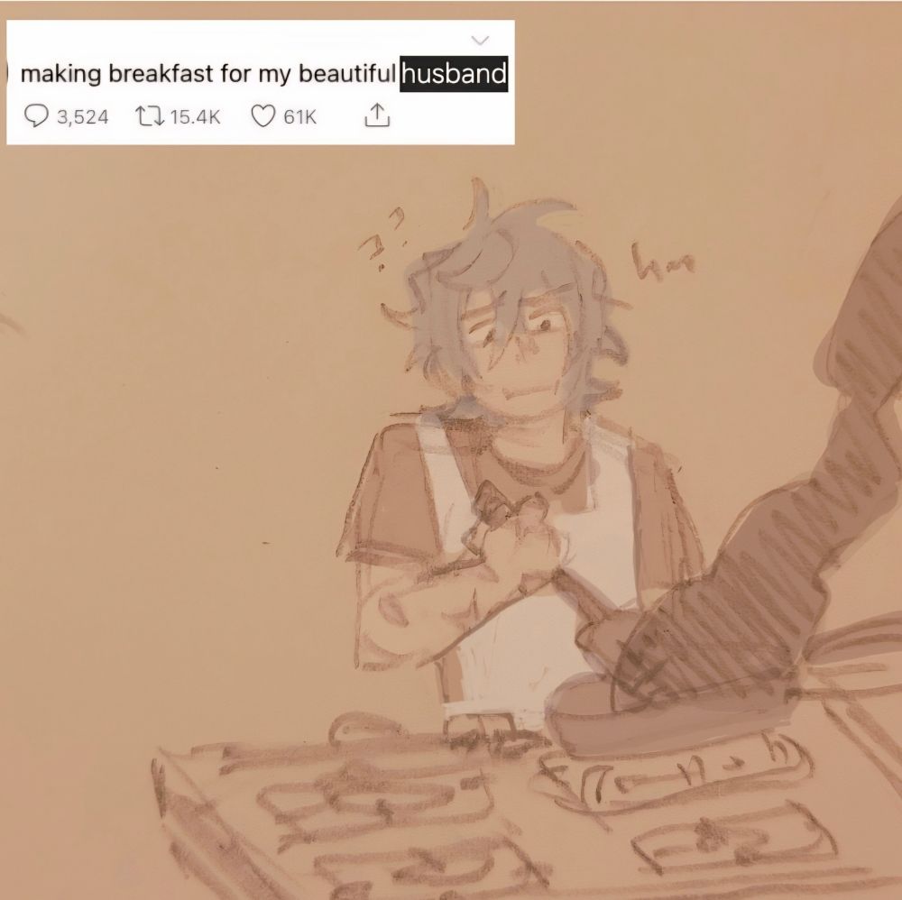 akira struggling to cook something that is now mostly black smoke in a pan "making breakfast for my beautiful husband"