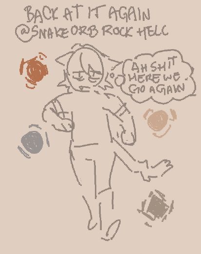 back in his reoccuring nightmare, a sleep deprived konoe marches on. unamused, he thinks "ah shit here we go again (/ref)" as 4 coloured orbs surround him. the caption at the top says "back @ it again @ snake orb rock hell"