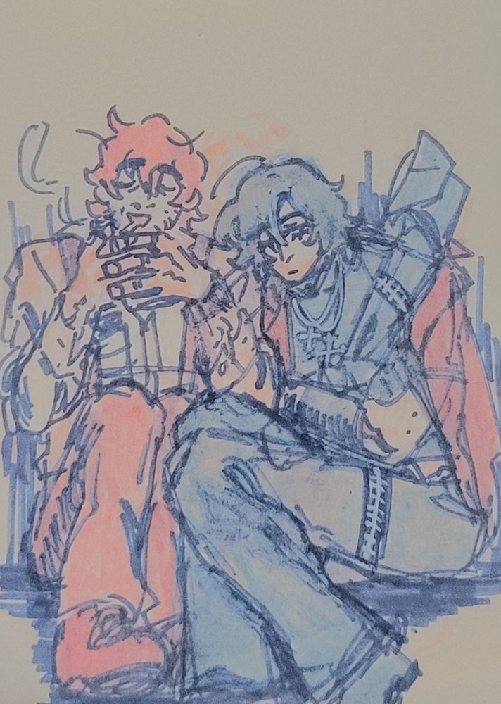 doodle of shiki and motomi sitting against a wall together, at the military base after escaping toshima even tho theres no context clues about where they are but buddy just trust me. motomi smiles in relief and lights up a cigarette while shiki leans against him, head on his shoulder and motomis jacket around his arms. his sword is wrapped up in his own coat and tied to his back
