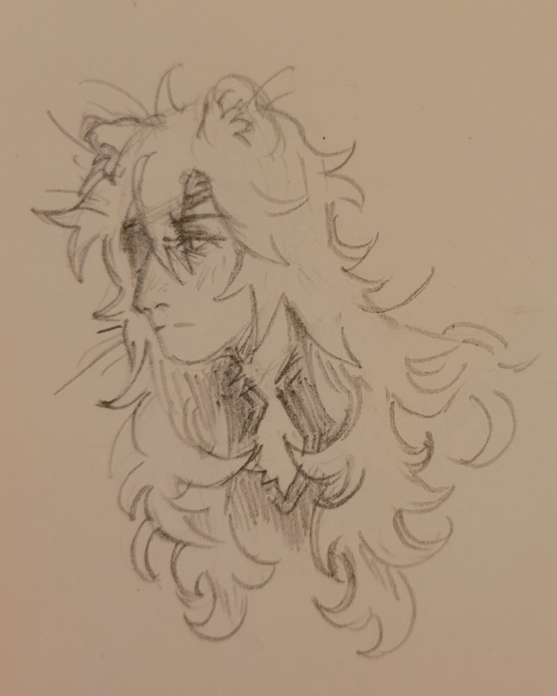 pencil drawing of rai lamento looking extra fluffy cause i love this guy
