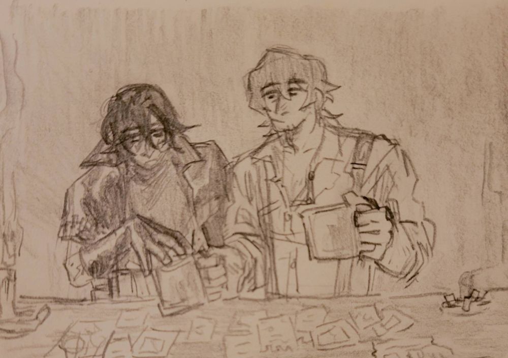 motomi and shiki examine a large spread of notes, documents, and photos -- presumably in relation to nano -- spread across an altar or table in the church. also on the table are a burning candle and a smoking ashtray. shiki is leaning over the table in the middle of speaking, as motomi approaches him, holding one steaming mug and sliding a second one in shiki's direction. shiki, still focused on the table, reaches out to take the cup as he continues speaking.