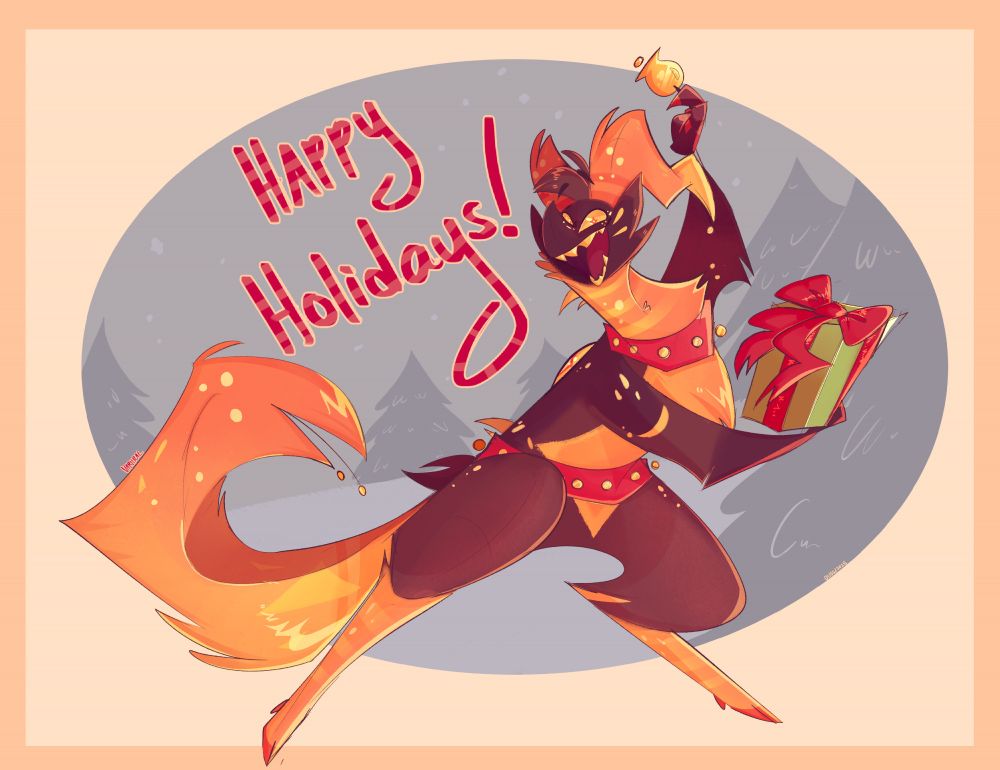 Digital drawing of a fluffy, yellow/brown dinosaur like character holding a present and holding up a bell. “Happy Holidays”is written next to him. 
