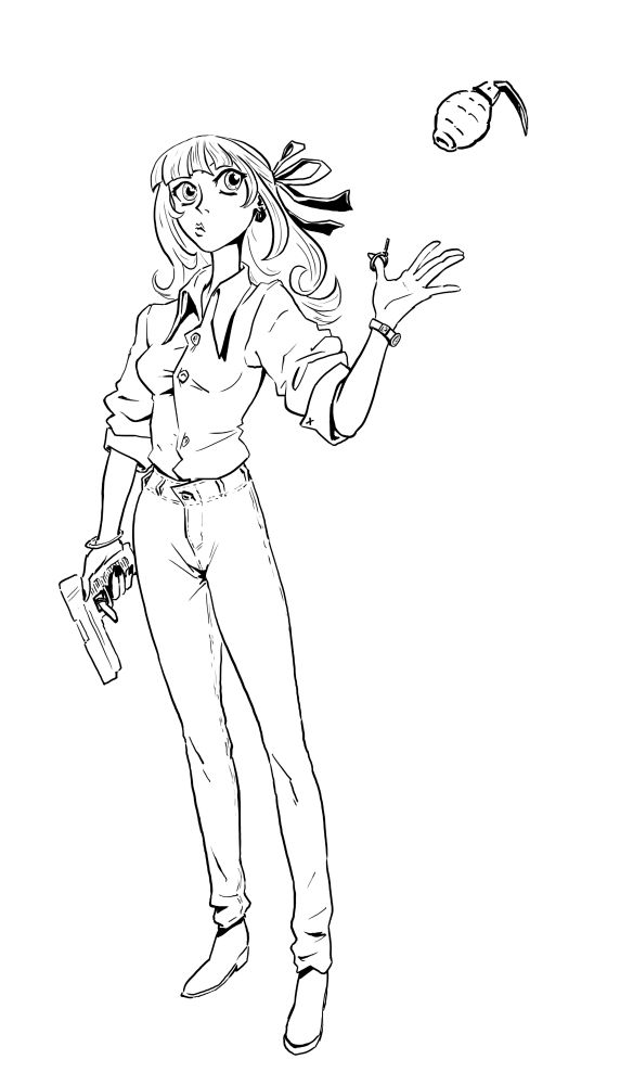 A girl holding a handgun, casually throwing a grenade over her shoulder, the pin still hooked around her thumb