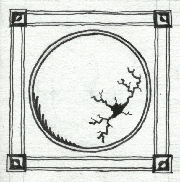 A very simple black ink drawing of a stylised sphere with jagged cracks spreading from an irregular hole.