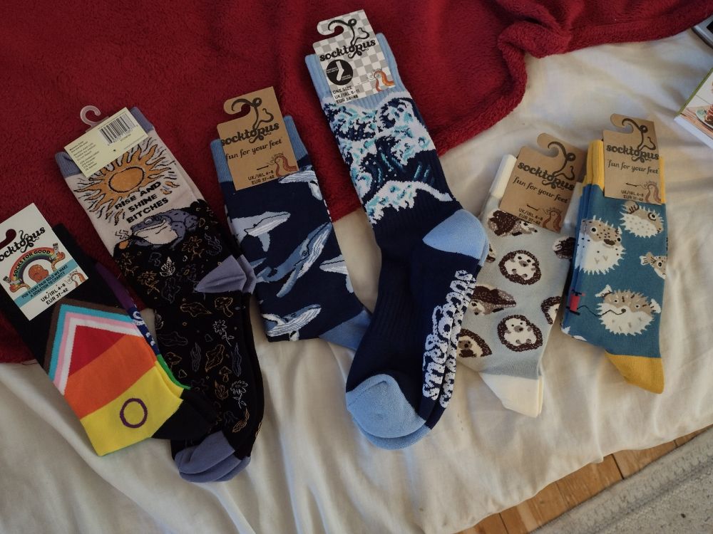 Six pairs of brand new socks with the labels still on them. They have various meaningful, pretty or whimsical designs:

1. Progress Pride flag (this one supports LGBTQ+ charities)

2. Morning toad. A fat grey/blue toad holding a hot beverage under a blazing orange sun. Text between sun and toad says "rise and shine, bitches". The feet of the socks are almost black with grey/blue and orange plant motifs scattered around them, and heel and toe bits the colour of the toad.

3. Whales! Dark blue socks with lighter blue heels, toes and top, and whales in various blues and greys swimming around on the dark background. Species uncertain but they all look like rorquals.

4. Another dark-blue ocean-themed pair, but with frothing waves above the ankle.

5. Light grey socks with white heels, and hedgehogs looking adorable in various poses.

6. Teal socks with golden heels, and pufferfish in various states of inflation. One of the fully inflated fishies has a red pump attached to its mouth.