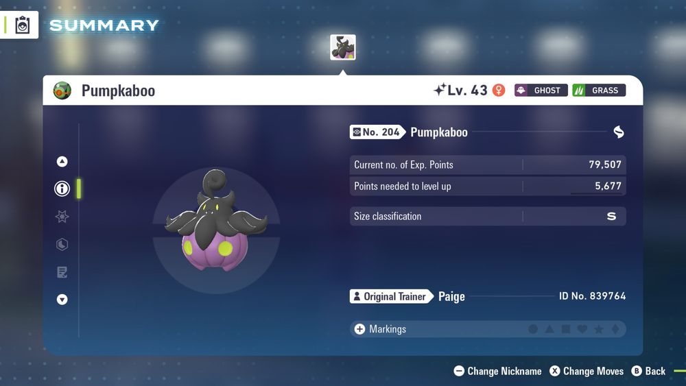 Screenshot from Pokémon Legends: Z-A

Summary screen for a shiny Jumbo variety Pumpkaboo. The size classification is labeled “S.”