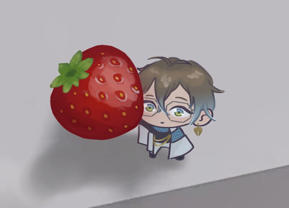 art of chibi Ike Eveland holding a disproportionately large strawberry and looking up at the viewer (de-saturated and dusty)