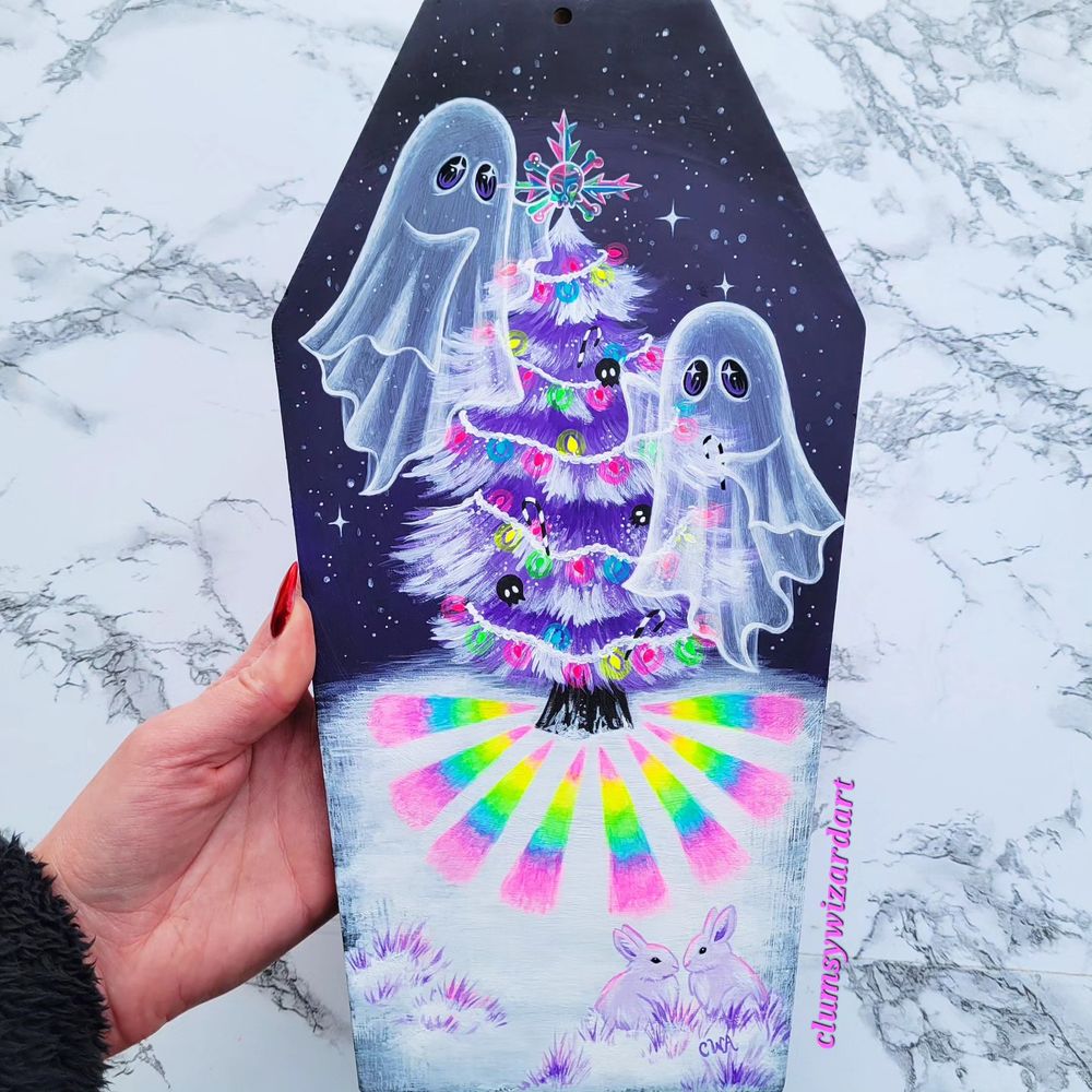 Painting of 2 ghosts decorating a Christmas tree