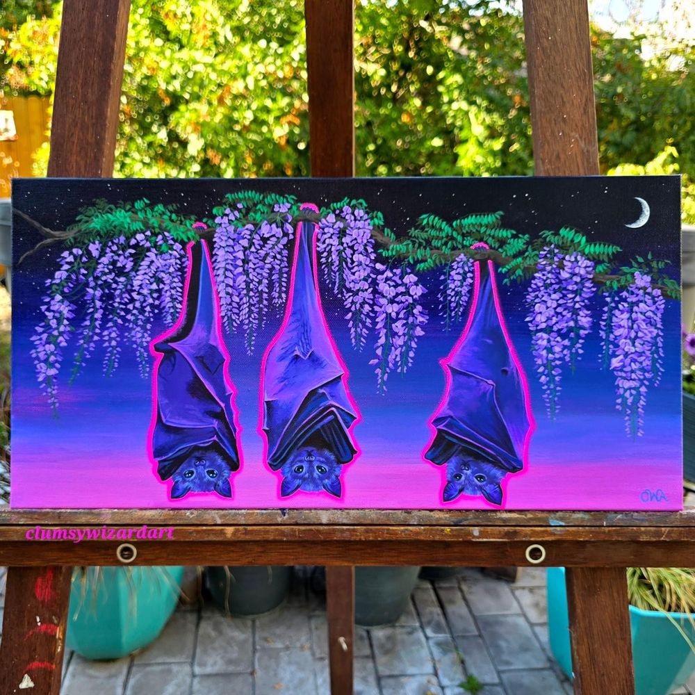 A vibrant canvas painting of 3 bats hanging from a wisteria branch