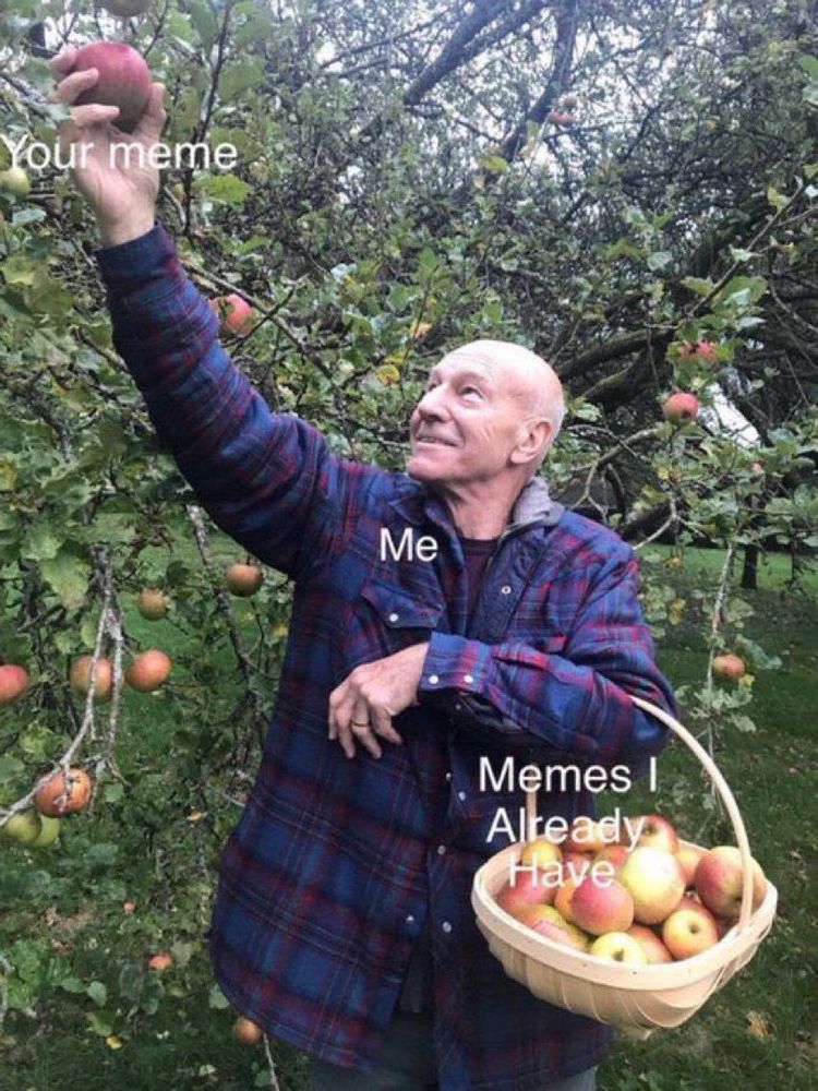 Patrick Stewart picking apples with a basket. Near his hand “Your meme,” he is labeled “me,” and the basket says “Memes I already have”