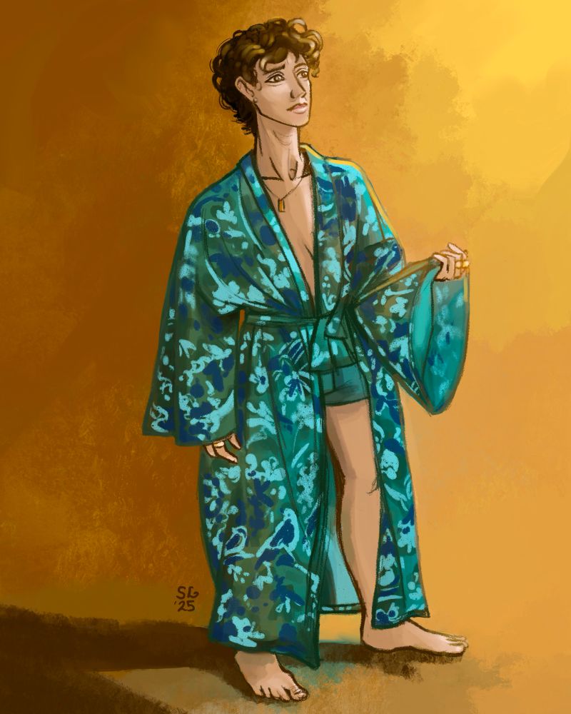 A digital painting of a nonbinary person wearing a floral robe in teal and blue. The robe is partially open at the chest and leg, they are wearing shorts/boxers under it. The lighting is very golden and their shadow is brown. They have short, curly brown hair and a pensive expression.