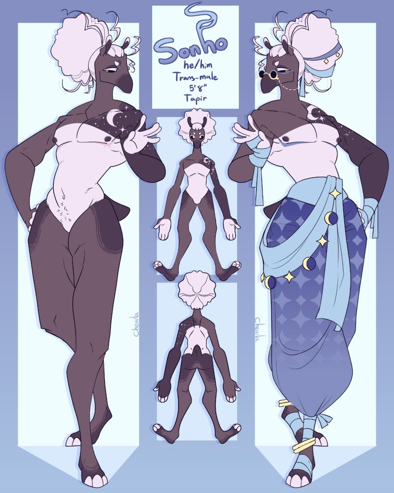 A ref sheet with Sonho the tapir, the left side he is unclothed. showing off his patterns with one arm darker than the other with cosmic patterning on his chest + shoulders. 

The ref on the right has him wearing blue baggy pants with silk fabric wrapped around his hands,feet, and wait. 
