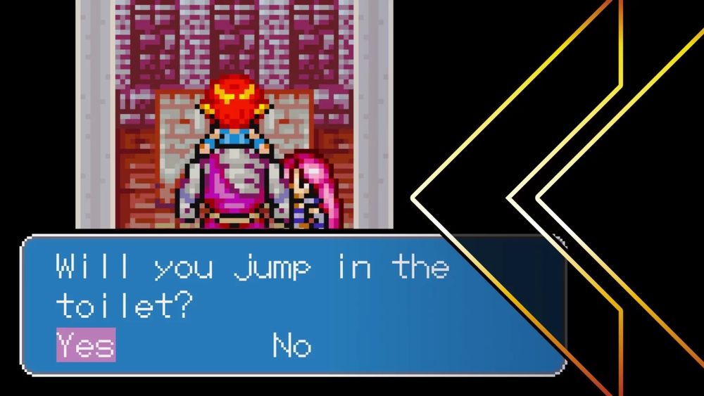 Retro Encounter Final Thoughts - screenshot of Breath of Fire II characters being asked to leap into a toilet.