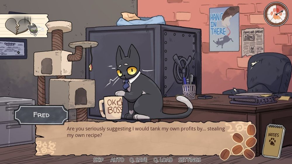 Spill the Beans screenshot - a tuxedo cat wearing a tie in an office. There is a desk, a cat tree, and a big safe in the background.