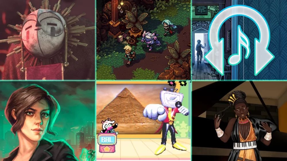 Rhythm Encounter 163 - Spring 2025 Music Grid with art from Clair Obscur, Blue Prince, Deltarune, Old Skies, Sea of Stars, and Date Everything.