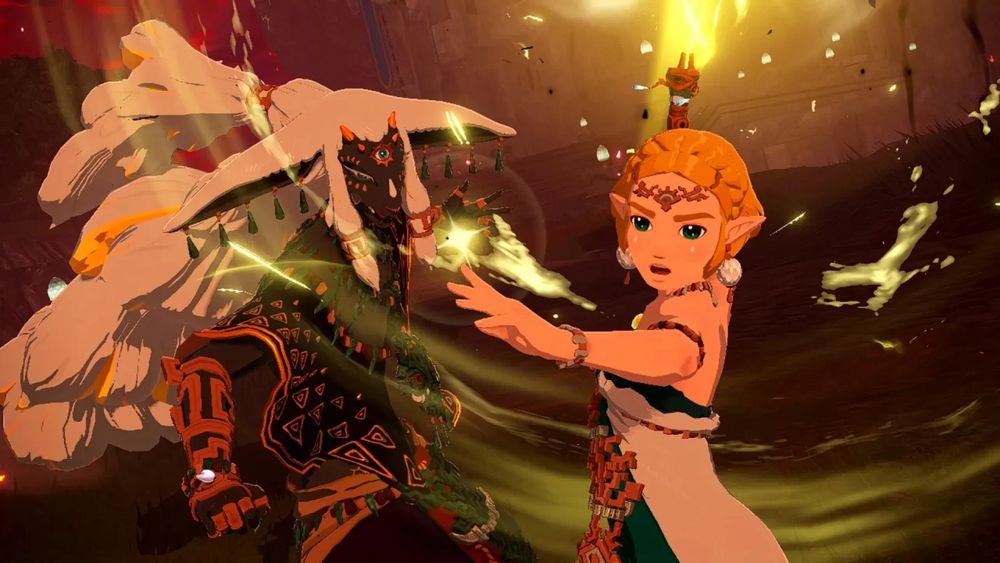 Zelda and Rauru in a dramatic battle in Hyrule Warriors: Age of Imprisonment.
