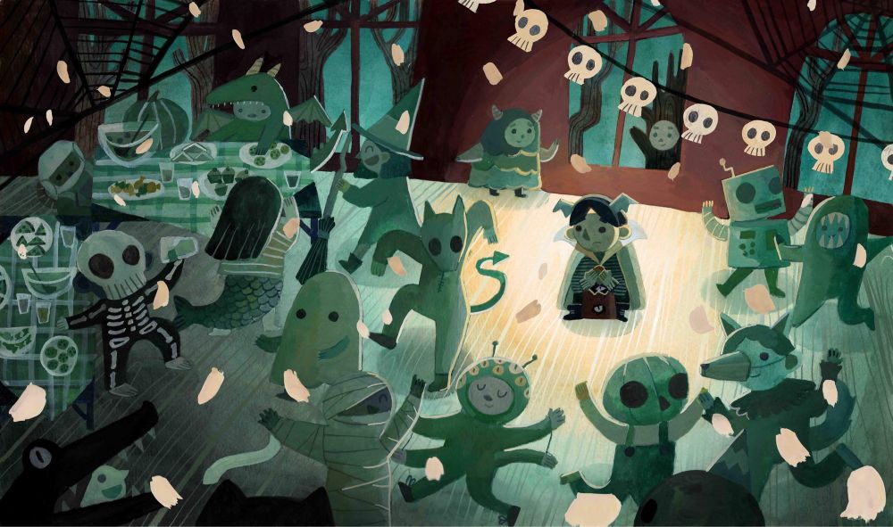 A painting of a Halloween party with children dancing in costume