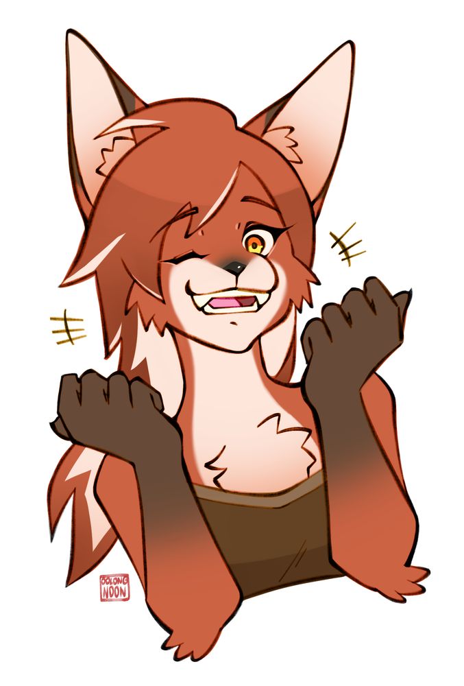 Bust colored sketch for a DnD character. She is a fox-like anthro with golden eyes and long hair, combed over to the side with white streaks throughout. She is wearing a dark brown sports bra in this artwork. She's happily holding her hands up in excitement, winking with a big toothy smile. 