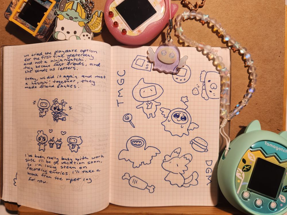 we tried the playdate option for the first time yesterday and met a ninjanyatchi. they became fast friends. today, we did it again and met a haretchi! together, they made friend shakes. 

i've been really busy with work since i'll be on vacation soon, so i'm losing steam on recording entries. i'll take a break from the v-pet log for now.