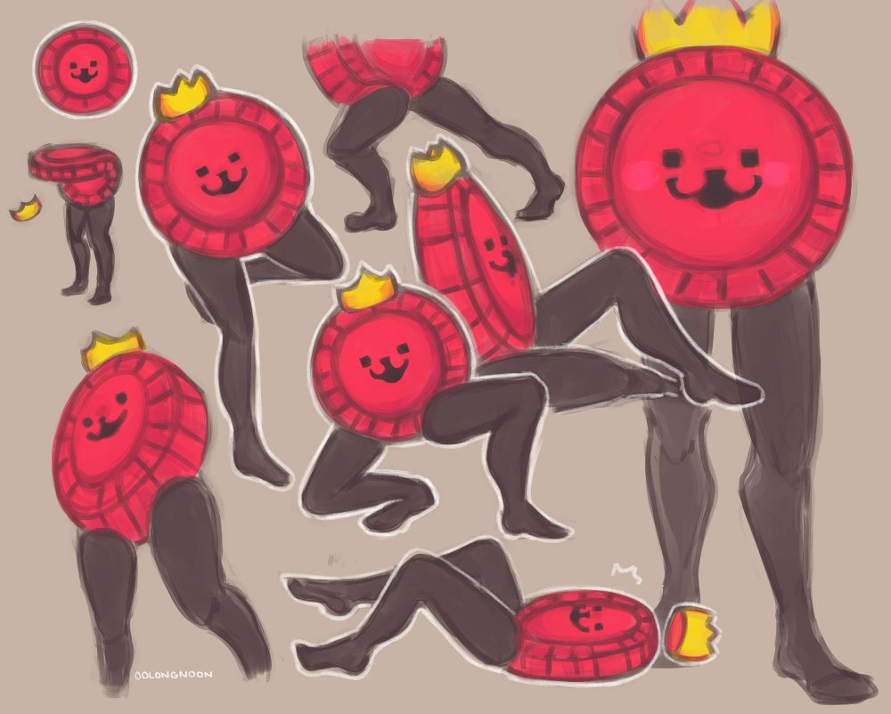 A page full of various colored sketches of K. Round from Deltarune. It's posing in different ways, showing off its powerful legs. I posted this drawing originally in 2018 on other sites.