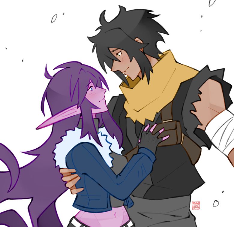 NDA-related colored bust sketch of two figures. A male character (Tan skin, black short hair, wearing a yellow scarf and black sleeveless outfit, bandages on his arm) on the right has his arm around the waist of a female character (Long, violet hair, with unusual pinkish purple skin and long elf ears, wearing a cropped dark blue jacket with white fur).