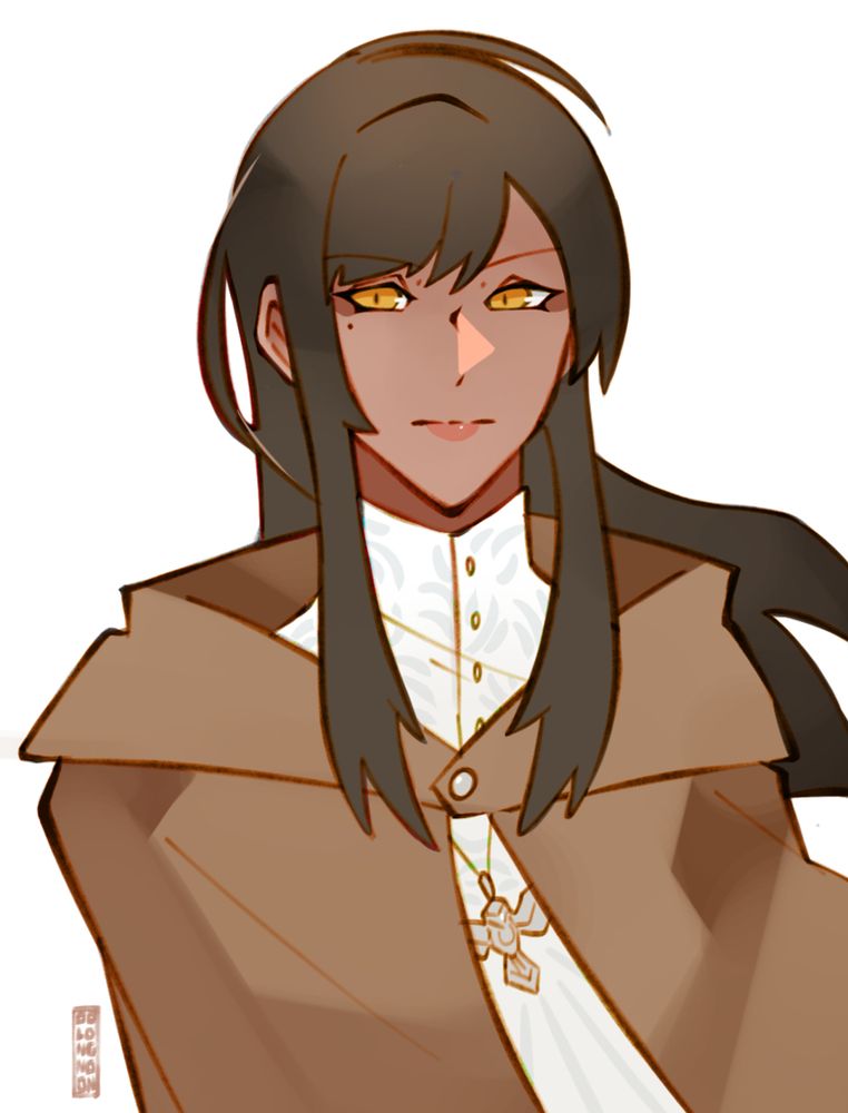 Colored bust sketch of a female original character. She has warm dark skin and long black hair. She wears a brown cape, wearing a white blouse underneath, and a necklace with an avian-shaped pendant.