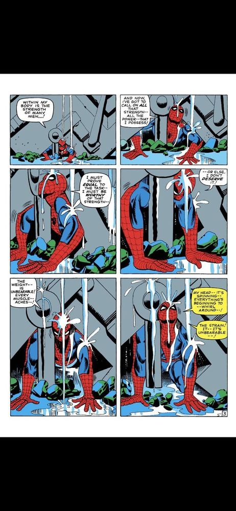 Spider-Man trying to free himself from under some heavy rubble.