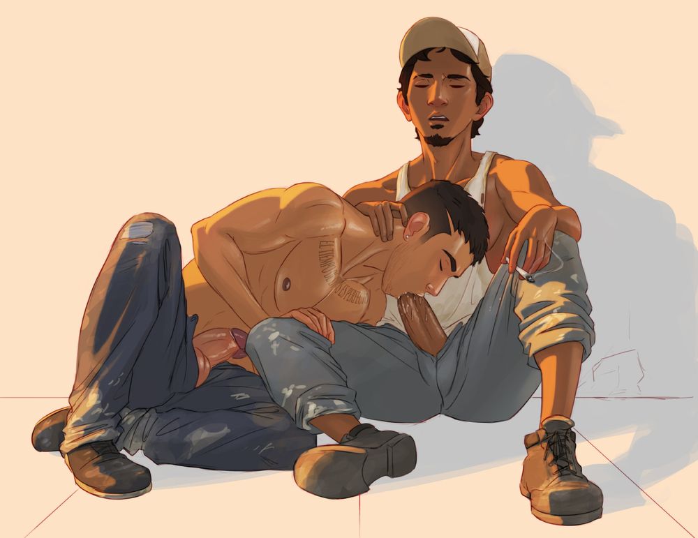 Ilustración de un joven albañil haciendo sexo oral a su compañero durante la tarde.