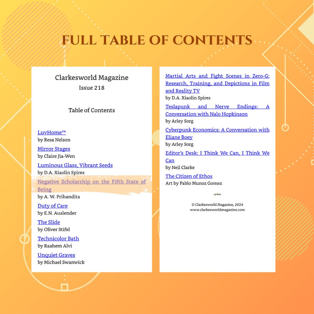 Picture of the full table of contents of the issue, with "Negative Scholarship on the Fifth State of Being" highlighted in orange. It's the fourth story on the lineup.