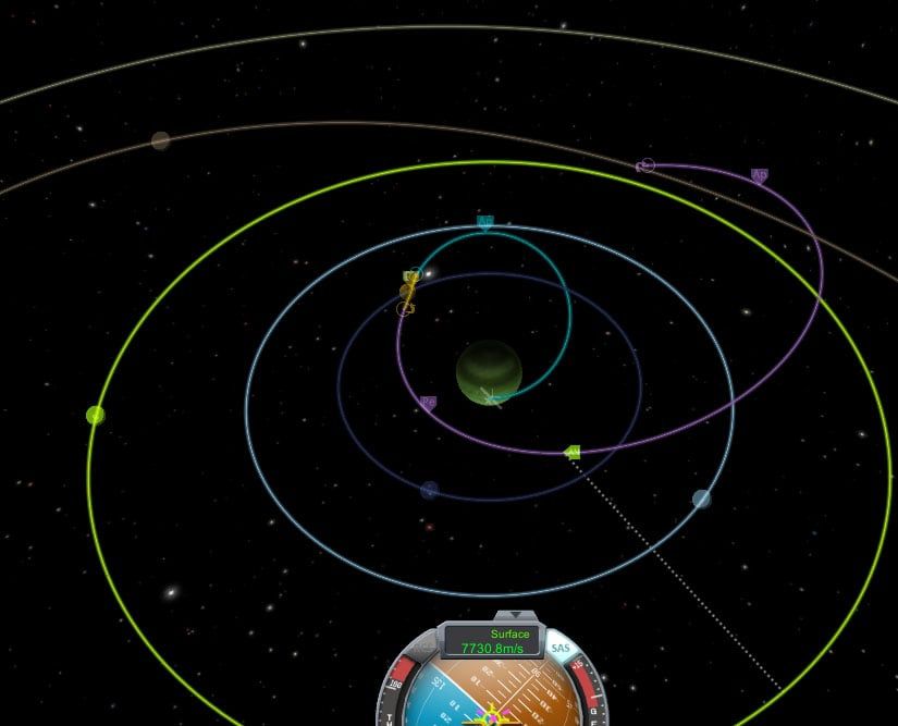 Screenshot from Kerbal Space Program, showing a ship trying to fly away from Jool.