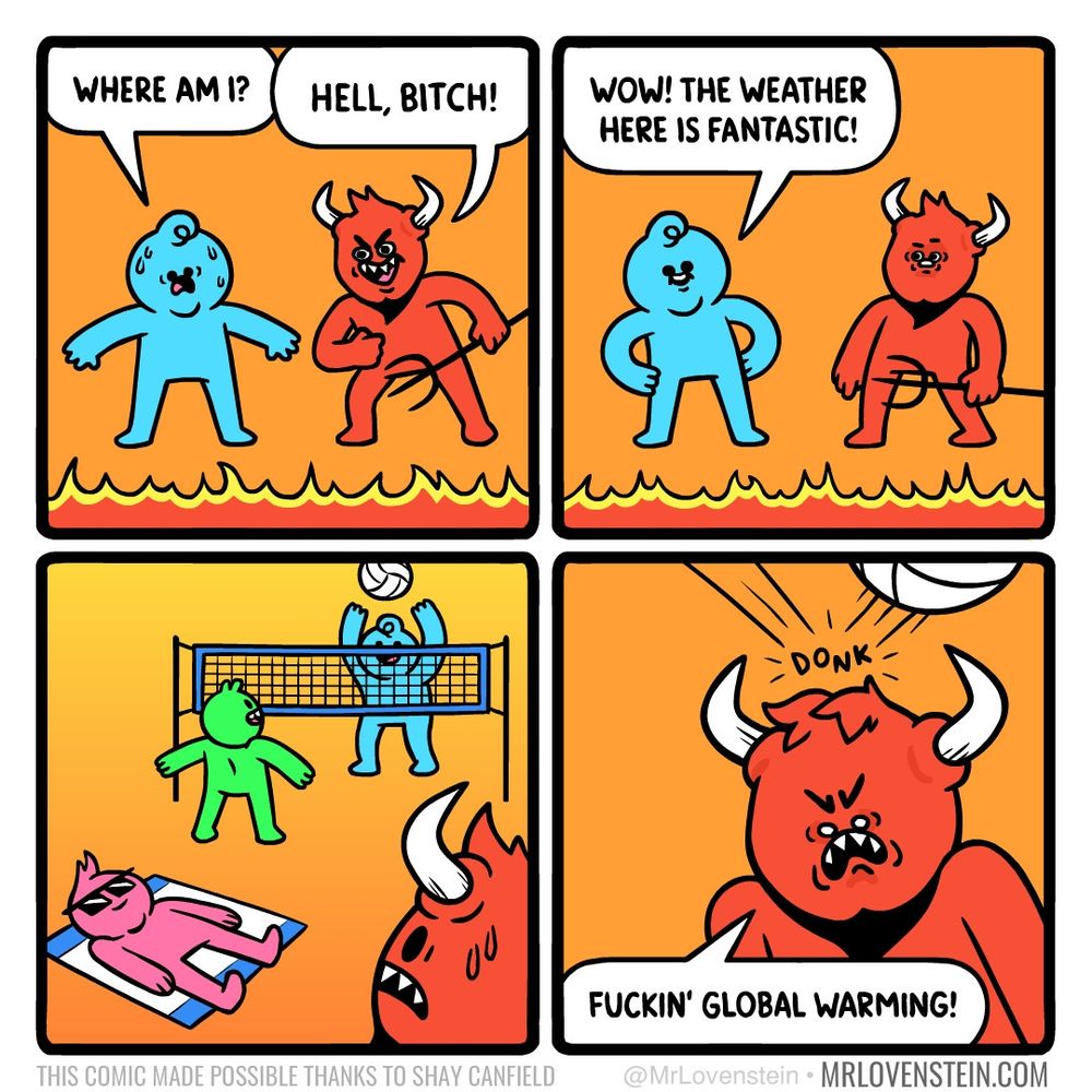 Alt en français:
Un webcomic en 4 images.
Image 1:un personnage demande à un demon où il se trouve. Le démon répond qu'il est en enfer.
Image 2:le personnage trouve que le temps est fantastique ici.
Image 3:on voit plusieurs personnages jouer au volley et bronzer sur une serviette de plage.
Image 4:le démon reçoit un ballon se volley sur la tête en jurant : saleté de réchauffement climatique.