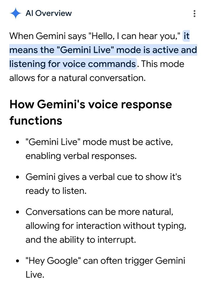 Gemini explaining that it says "Hello, I can hear you" to indicate that Gemini Live mode is active.