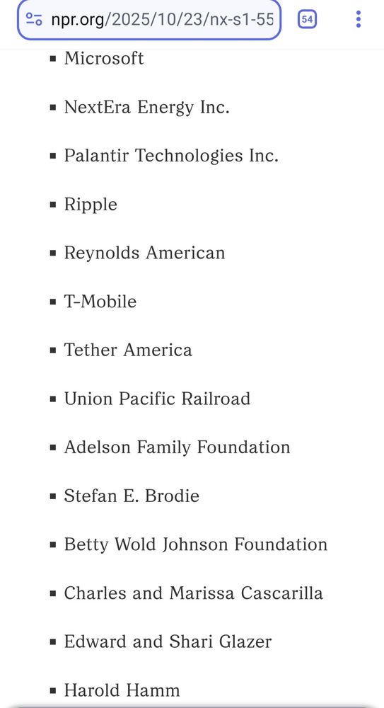 Microsoft
NextEra Energy Inc.
Palantir Technologies Inc.
Ripple
Reynolds American
T-Mobile
Tether America
Union Pacific Railroad
Adelson Family Foundation
Stefan E. Brodie
Betty Wold Johnson Foundation