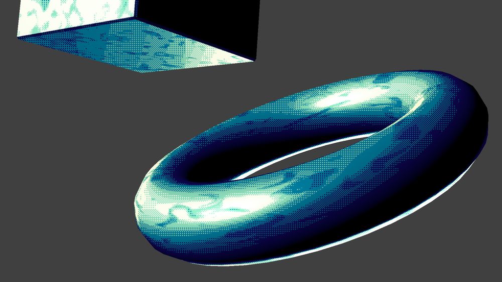A simple 3D render in Blender of a torus and part of a cube. They both are shaded with gradients made from dithered patterns