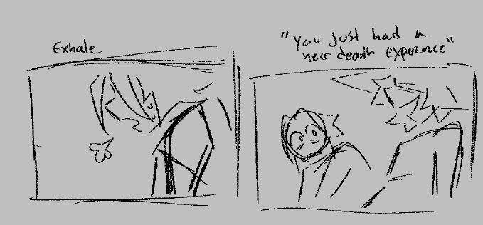 2 animation thumbnails of two time exhaling and turning to azure as he says "you just had a near death experience"