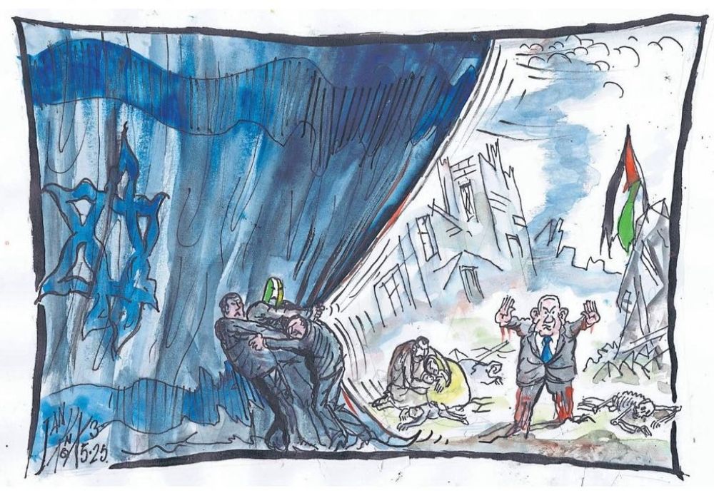 Illustration from the Irish News by Ian Knoc, depicting Kneecap pulling back the curtain on the death and destruction Israel is meting out on Gaza. Netanyahu is pictured, up to his knees in blood, gesturing "Nothing to see here!".