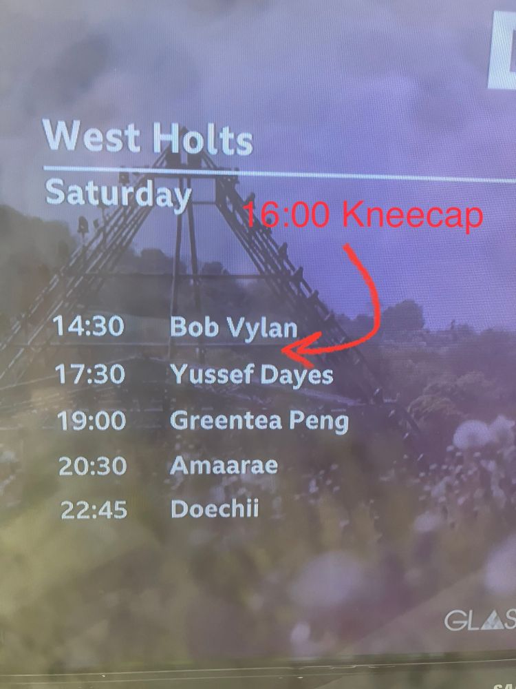 BBC listing for today from the West Holts stage at Glastonbury. Kneecap has mysteriously disappeared from the line-up. 