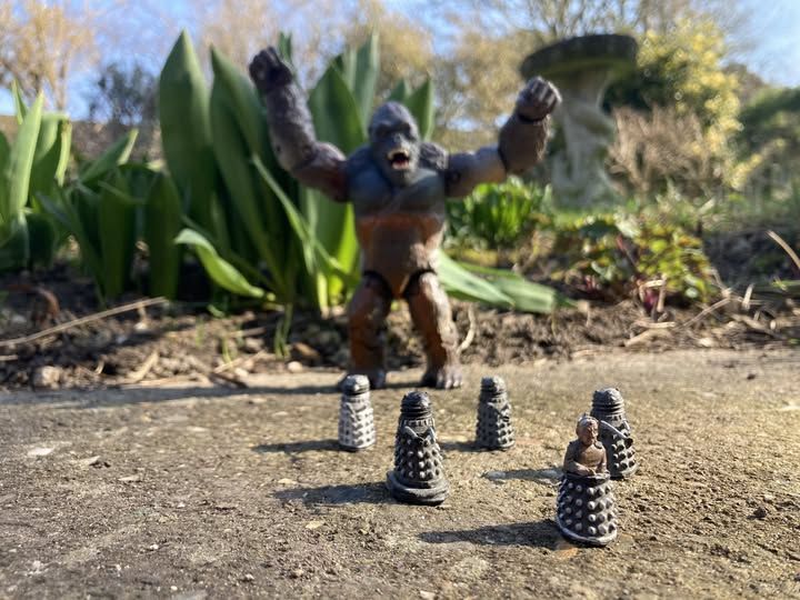 A six inch action figure of the Mighty Kong, King Kong, the 8th wonder of the world, is emerging  from a flower bed, angrily chasing a group of tiny Daleks, led by their creator Davros, as they flee in terror from the giant ape.