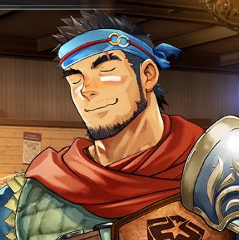 Drawing of a young man in assorted adventurer gear, closing his eyes and smiling cutely.