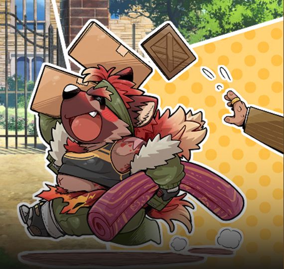 chibi drawing of a large canine man carrying boxes and a rug. he is drawn cutely grinning.