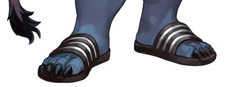 Cropped closeup of the blue anthro dragon to show his feet in sandals. The sandals are slide style and colored in black and white stripes.